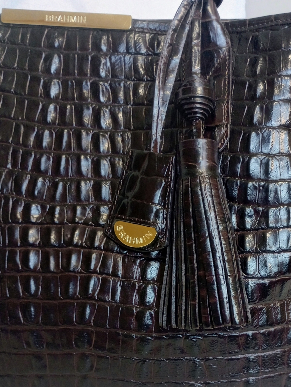Brahmin Strada Anytime Croc Embossed Leather Tote In Caviar La Scala, Dark Brown - Picture 3 of 10
